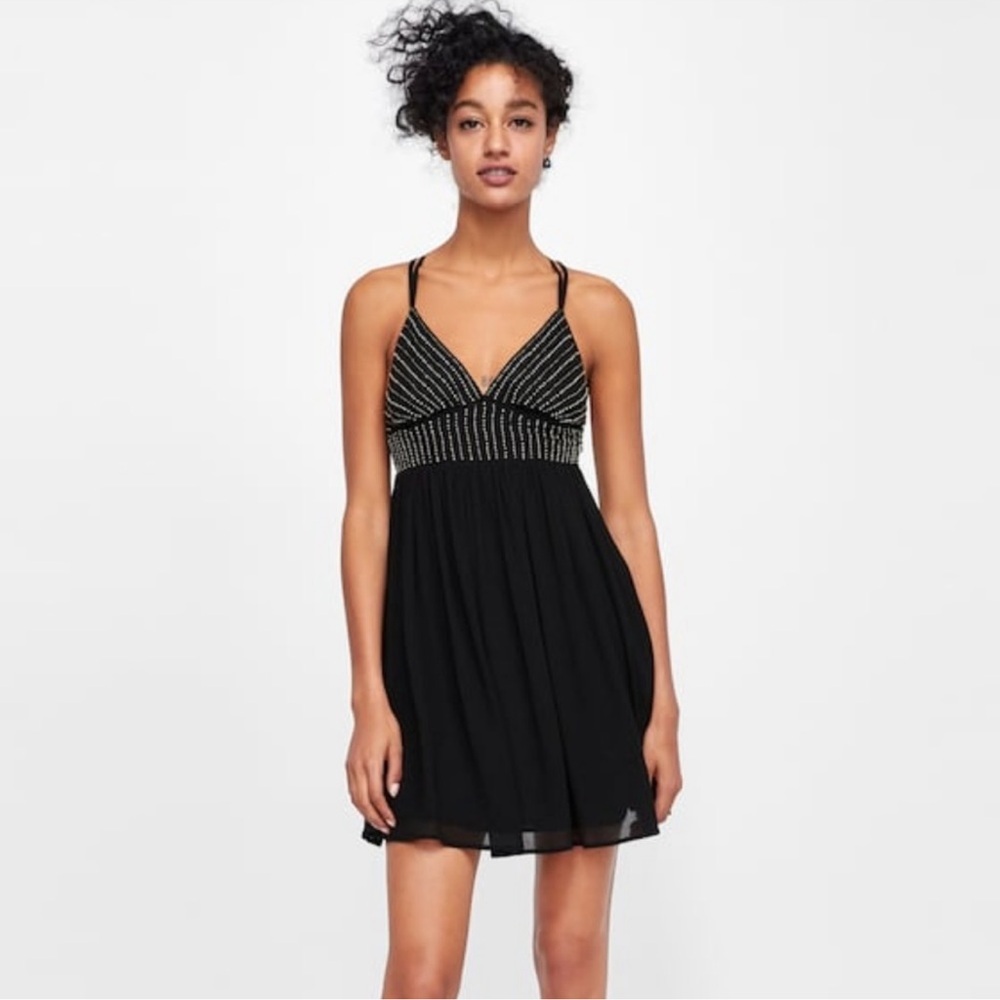 Zara Black Beaded Mini Dress Flowy Crepe Skirt V-Neck Size Small - Picture 2 of 10